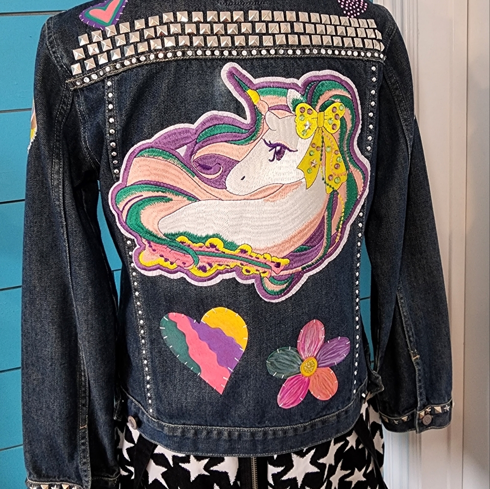 Upcycled Unicorn Patch Jean Jacket Studs Rhinston… - image 4